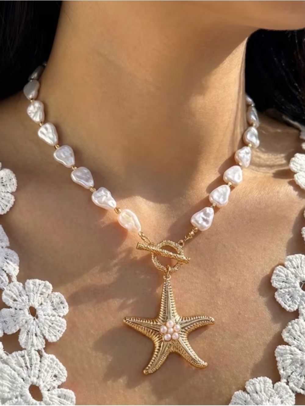 Gold Starfish Pendant Necklace with White Baroque Pearls